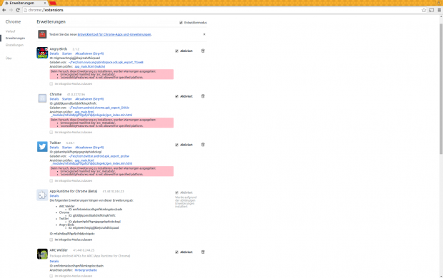 ARC und ARC Welder sowie Apps werden als Erweiterungen in Chrome hinzugefügt.